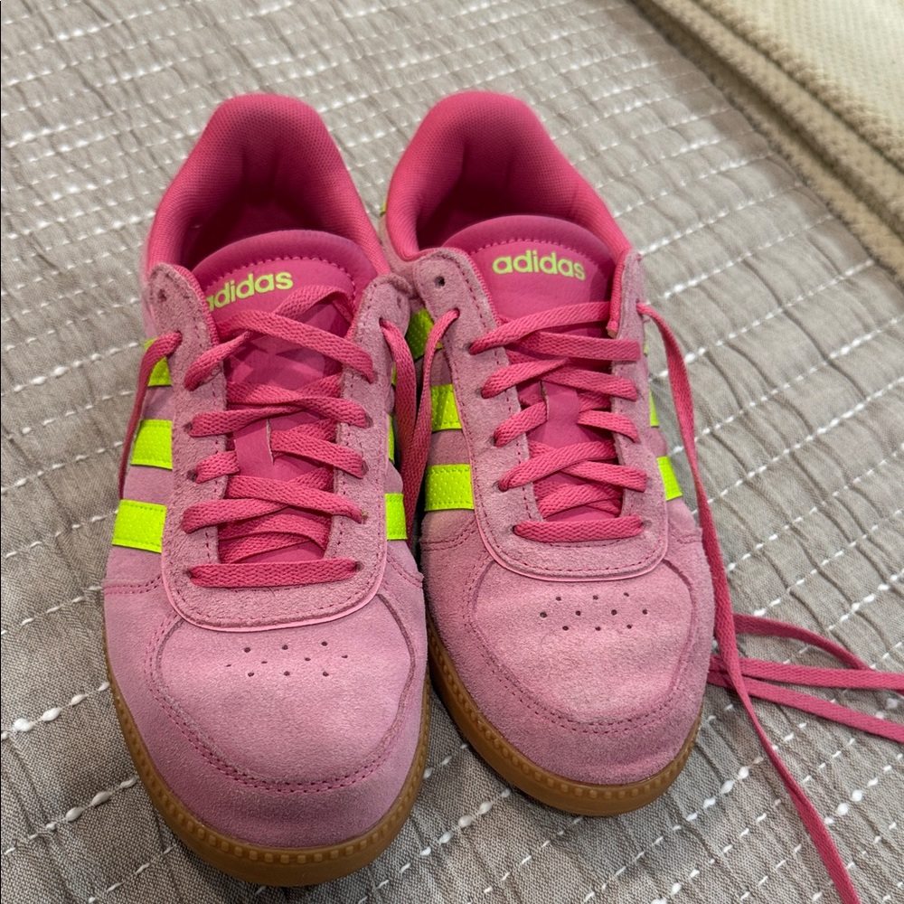adidas Pink Suede Sneakers with Neon Yellow Stripes and Gum Sole